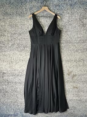 Ladivine Dress Womens 16 Black Satin V Neck Maxi Sleeveless Fit & Flare Formal